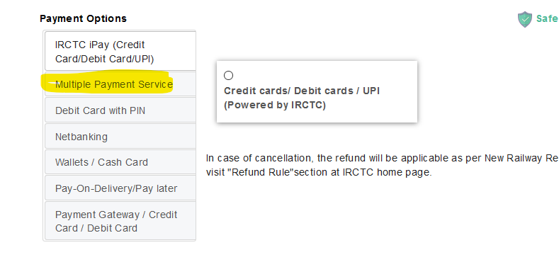 India Rail payment page