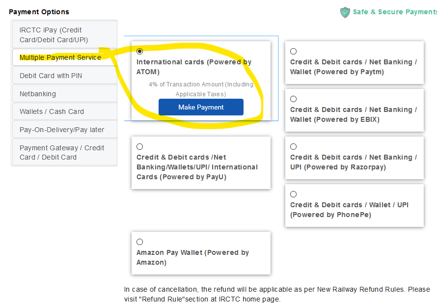 IRCTS Atom payment for foreign cards