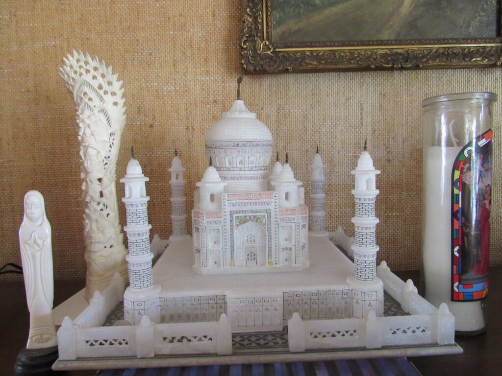 model of Taj Mahal alongside other knick knacks